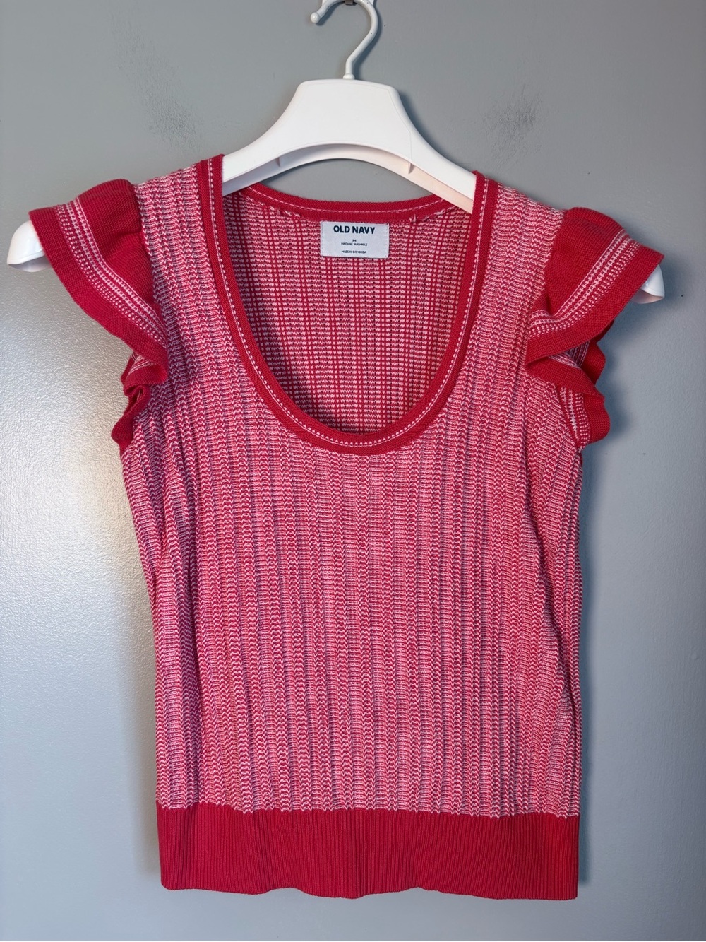 Old Navy Red White Marled Ribbed Flutter Sleeve Scoop Neck Sweater Tank Top M
